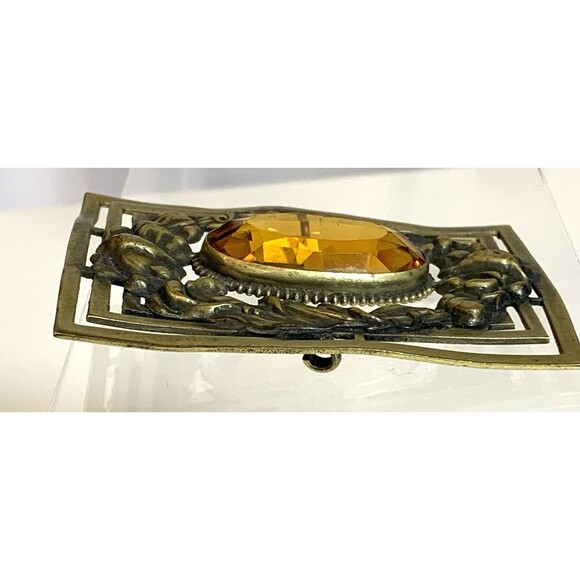 Antique Art Nouveau Brass Sash Pin Amber Glass Stone Open C Clasp 1910s Brooch - Picture 4 of 13